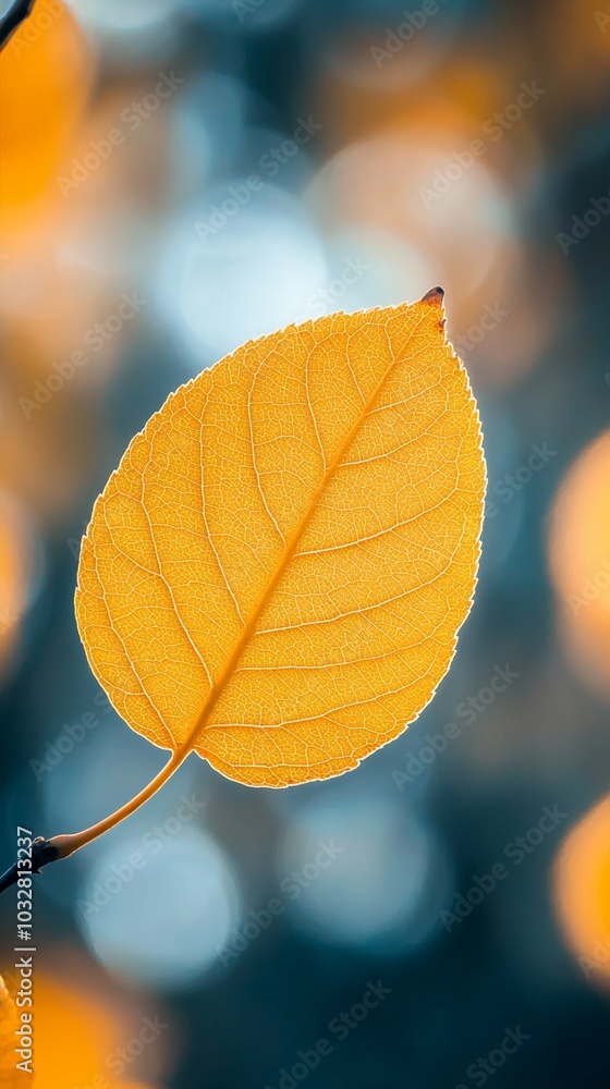 Vibrant golden leaf illuminated against a blurred teal background, showcasing nature's intricate details and autumn's warm hues in a captivating macro shot. Vibrant golden leaf illuminated against a blurred teal background, showcasing nature's intricate details and autumn's warm hues in a captivating macro shot.