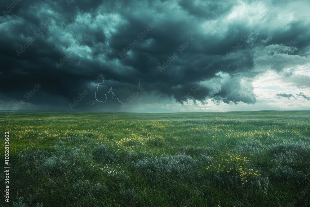 A Stormy Sky Over a Field of Green Grass and Yellow Flowers A Stormy Sky Over a Field of Green Grass and Yellow Flowers