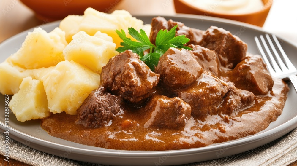 Indulge in a plate of Provencal beef bourguignon paired with creamy potato slices and pheasant meatballs, perfect for a refined dining experience at home Indulge in a plate of Provencal beef bourguignon paired with creamy potato slices and pheasant meatballs, perfect for a refined dining experience at home