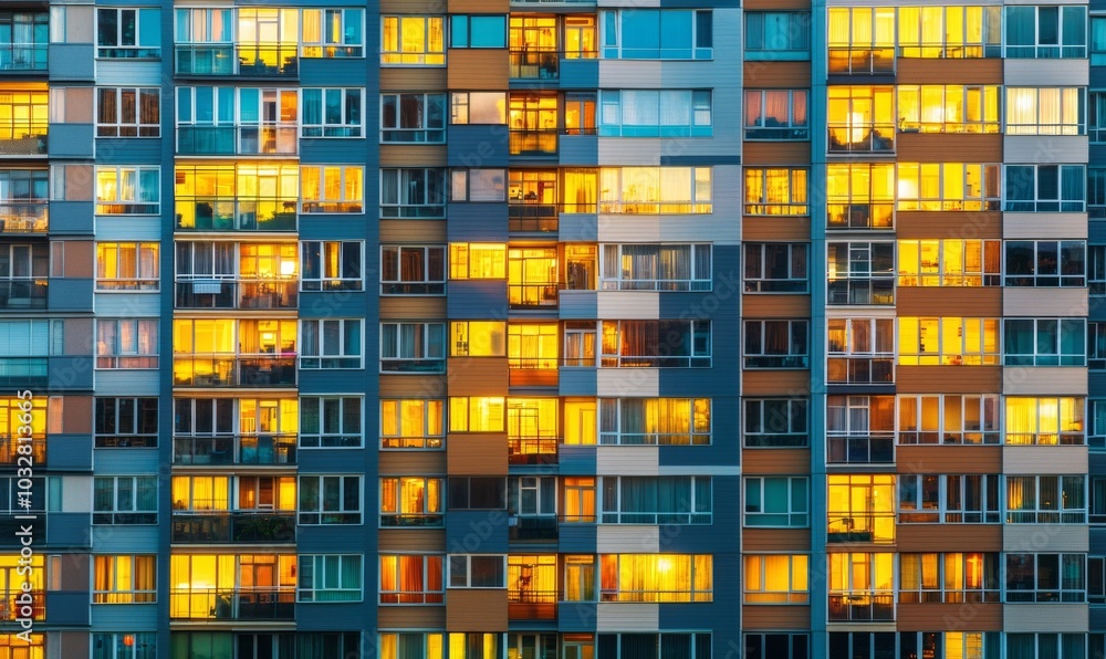 The image showcases an evening scene of a high-rise apartment building with numerous windows illuminated, displaying the vibrant lives of the residents The image showcases an evening scene of a high-rise apartment building with numerous windows illuminated, displaying the vibrant lives of the residents