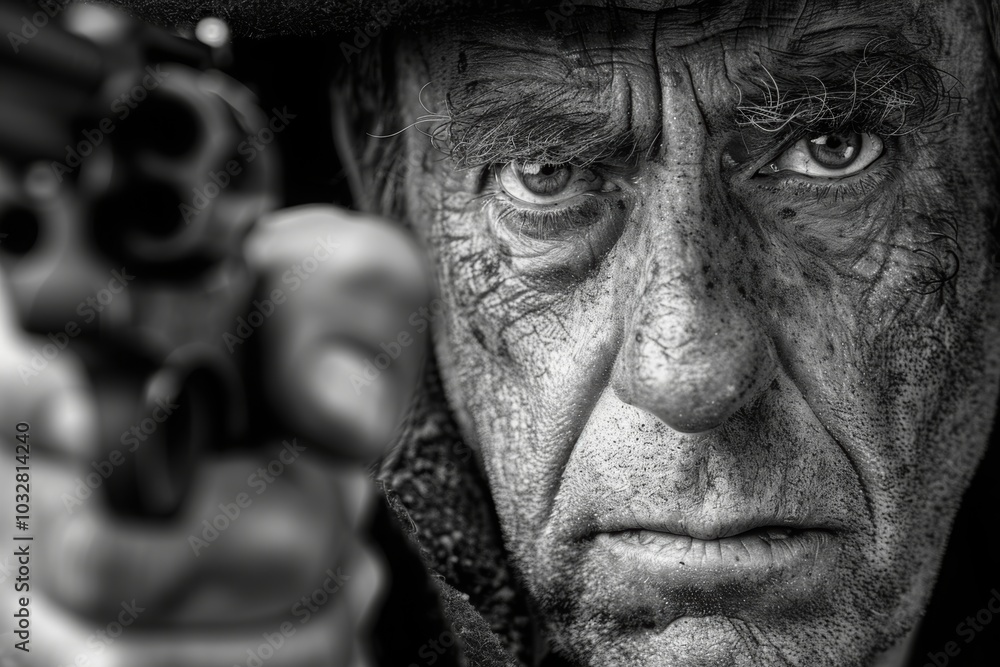Bandit, dramatic, black-and-white close-up image of older man with weathered features aiming revolver directly at viewer. intense expression and deep wrinkles on his face Bandit, dramatic, black-and-white close-up image of older man with weathered features aiming revolver directly at viewer. intense expression and deep wrinkles on his face