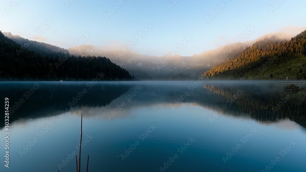 Fototapeta premium Mountains and lake, mirror image, calm image.