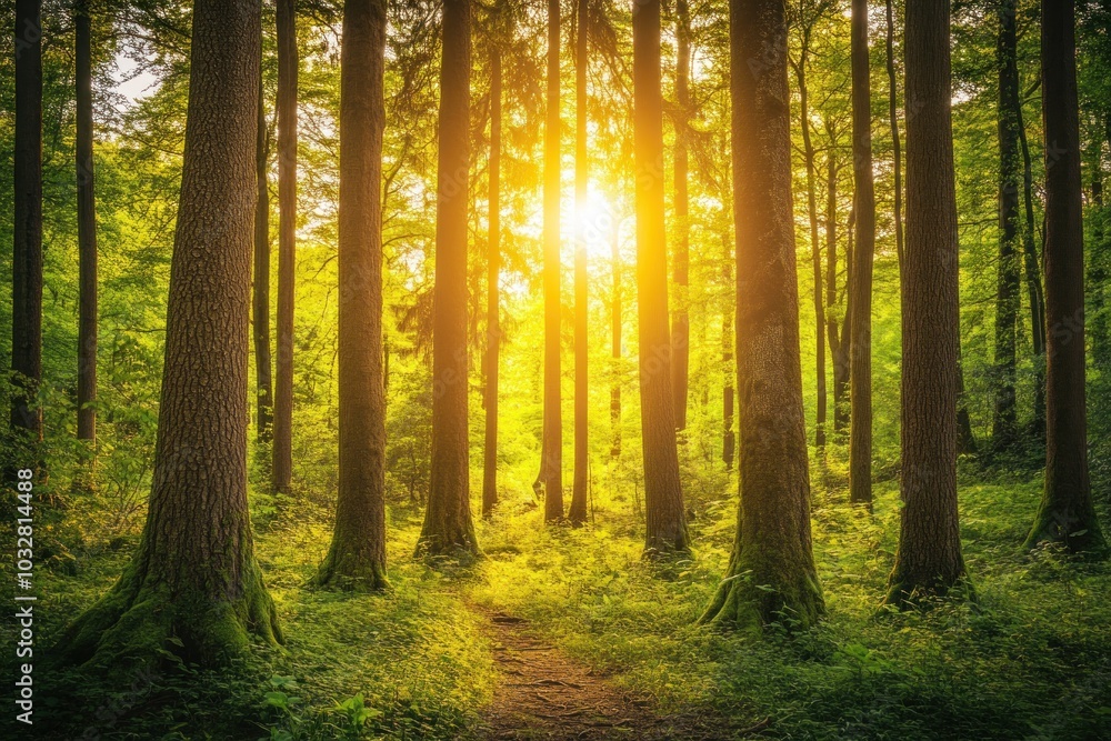 Sunlit Path Through a Dense Forest of Tall Trees Sunlit Path Through a Dense Forest of Tall Trees