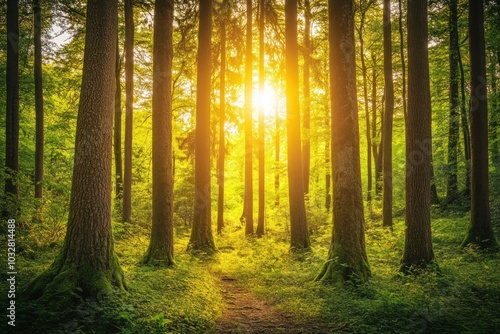 Sunlit Path Through a Dense Forest of Tall Trees photo