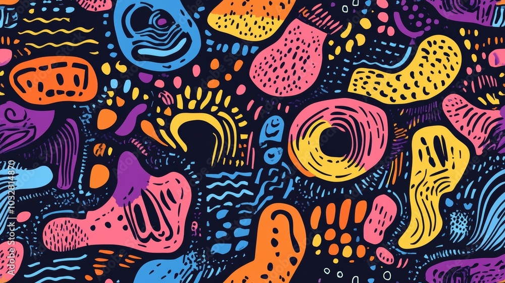 Hand drawn seamless pattern with abstract elements. Colorful background. Pattern can be used for fabric, wallpaper or wrapping. Hand drawn seamless pattern with abstract elements. Colorful background. Pattern can be used for fabric, wallpaper or wrapping.