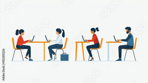 Diverse Team Working on Laptops at Desks in Office