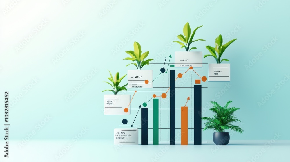 Fototapeta premium Growth Chart with Green Plants and Blue Background