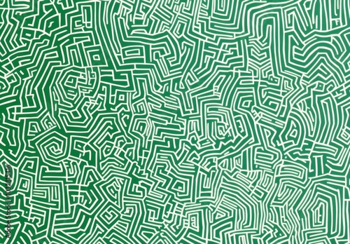 Intricate green and white pattern featuring simple line drawings of maze-like shapes filled with various patterns. The design showcases doodle art style against a plain green background.