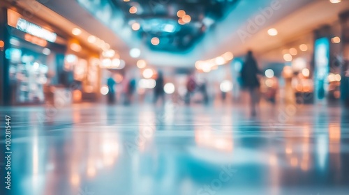 Blurred silhouettes of shoppers in a modern mall with gleaming floors reflecting ambient lights, creating a dreamy, ethereal atmosphere of consumerism.