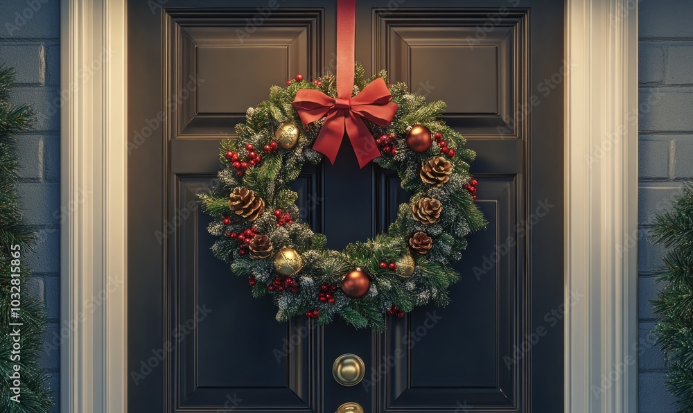 Family holiday wreath hanging on a beautifully decorated front door Family holiday wreath hanging on a beautifully decorated front door