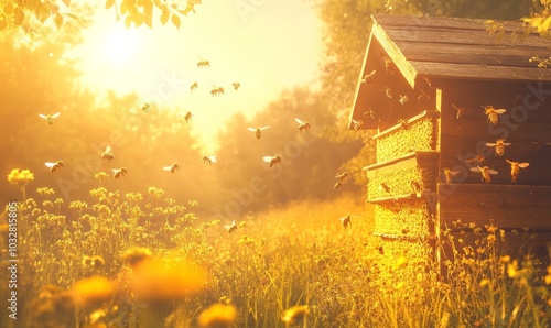 Bees busily flying around a rustic apiary under the warm glow of sunlight in a vibrant meadow during the late afternoon