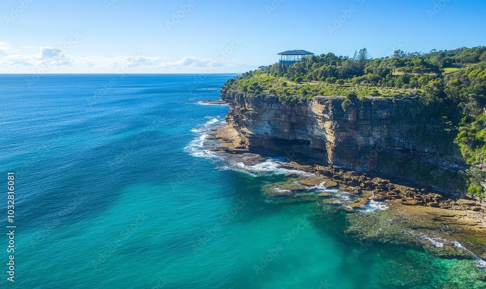 Fototapeta premium Aerial panorama of a lookout high on a rugged coastal headland above a calm turquoise ocean