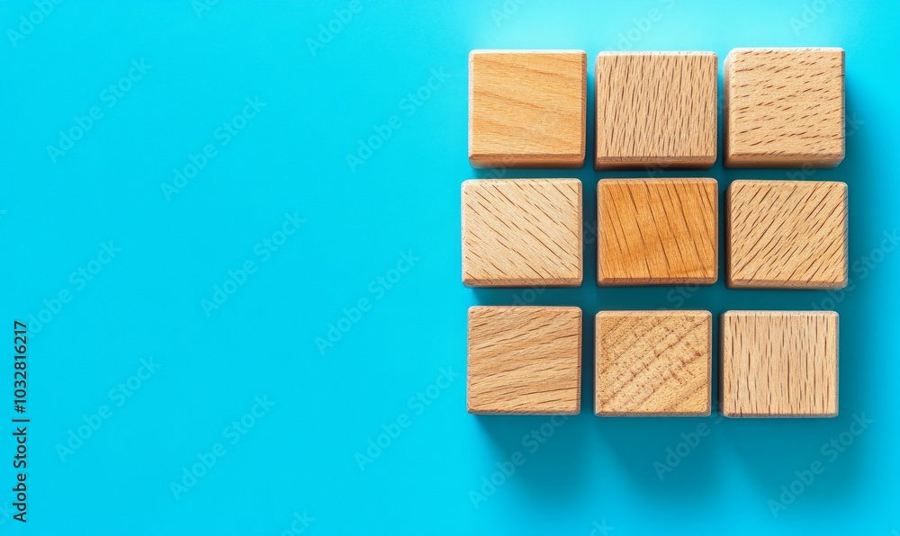 Wooden blocks connected together on a blue background. Teamwork concept Wooden blocks connected together on a blue background. Teamwork concept