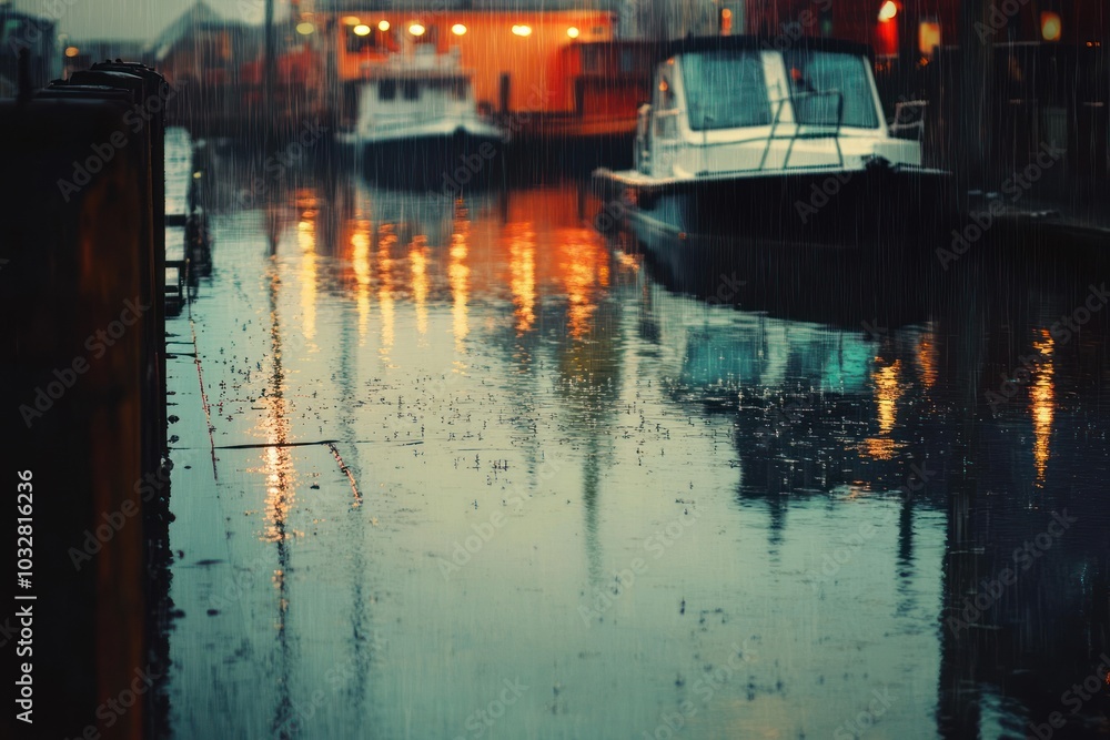 Rainy Evening at the Harbor with Boats and Reflections Rainy Evening at the Harbor with Boats and Reflections