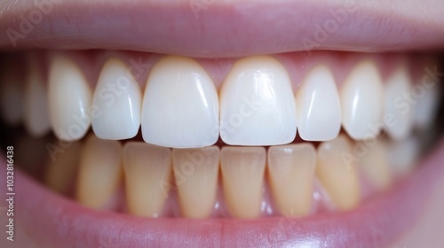 Striking contrast between perfectly whitened upper teeth and natural lower teeth showcases dramatic before-and-after effect of dental cosmetic procedures.