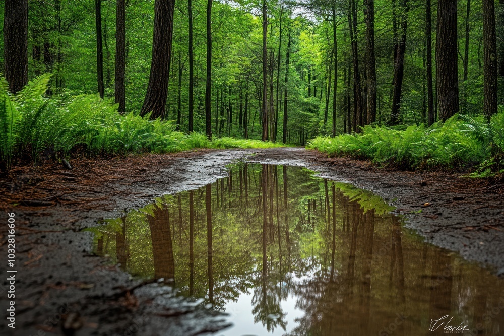 Forest Path Reflected in Puddle After Rain Forest Path Reflected in Puddle After Rain