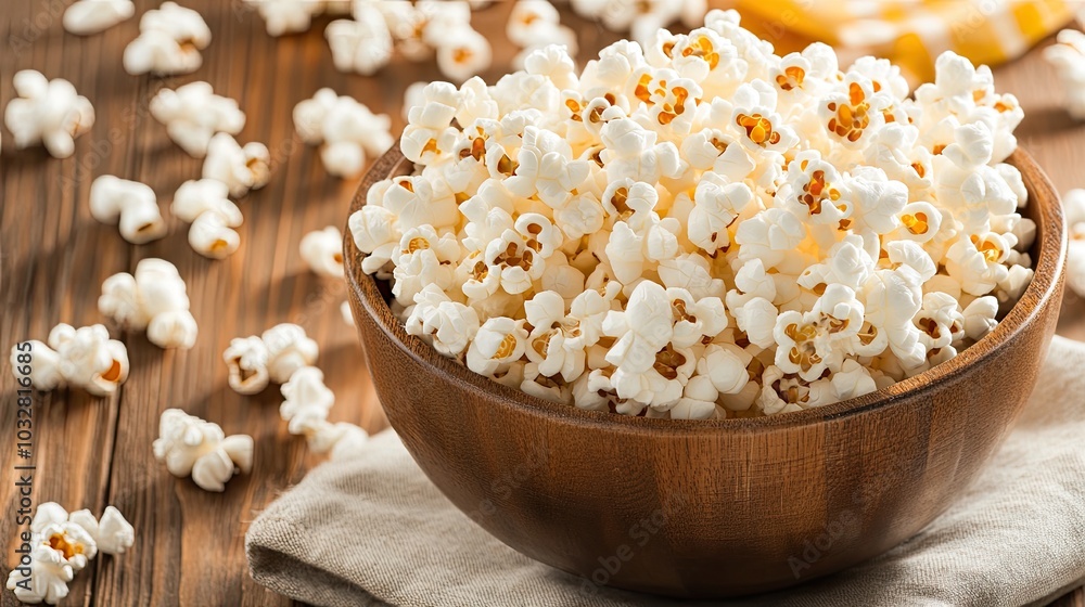 This wooden bowl is filled to the brim with fluffy, freshly popped popcorn resting on a table. It makes for a delightful snack option at any gathering or movie night This wooden bowl is filled to the brim with fluffy, freshly popped popcorn resting on a table. It makes for a delightful snack option at any gathering or movie night