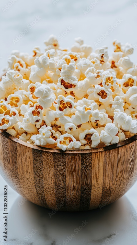 This wooden bowl is filled to the brim with fluffy, freshly popped popcorn resting on a table. It makes for a delightful snack option at any gathering or movie night This wooden bowl is filled to the brim with fluffy, freshly popped popcorn resting on a table. It makes for a delightful snack option at any gathering or movie night