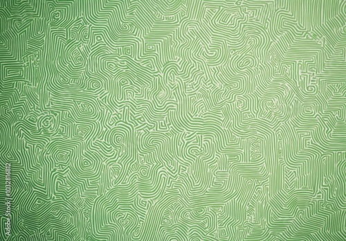 Intricate green and white pattern featuring simple line drawings of maze-like shapes filled with various patterns. The design showcases doodle art style against a plain green background.