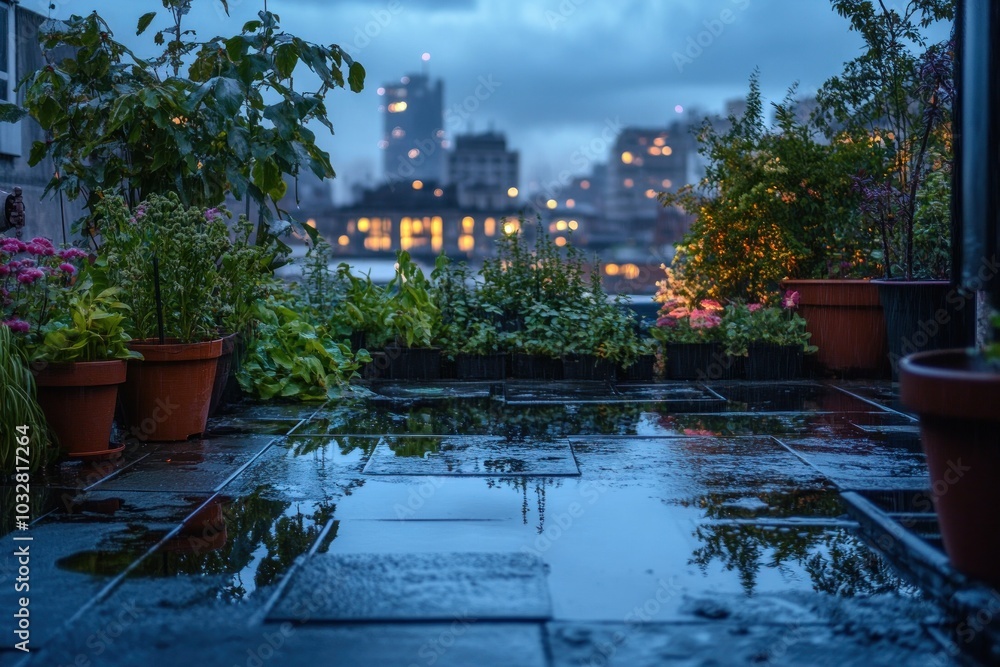 Fototapeta premium Rain-Soaked Patio with Cityscape Reflection