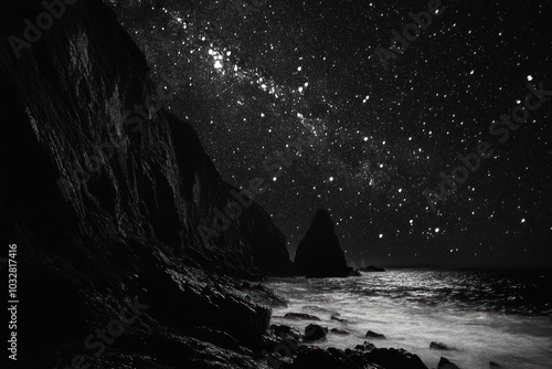 Starry Night Sky Over Silhouetted Coastline and Rocky Shore