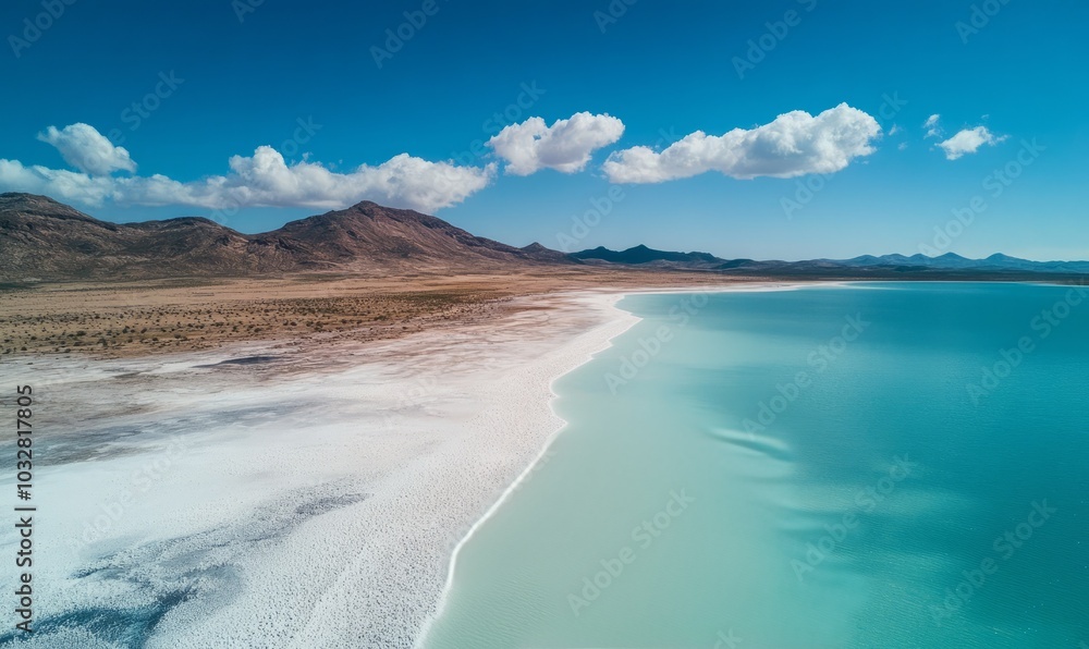 Aerial view of the white crusty shoreline of a remote blue salt lake Aerial view of the white crusty shoreline of a remote blue salt lake