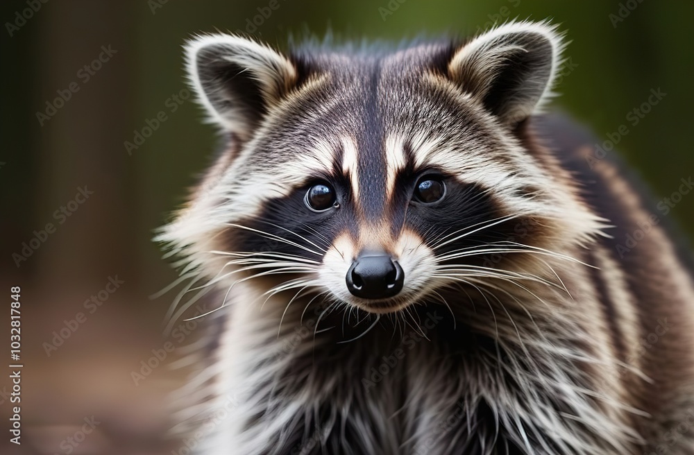 A raccoon sits in the forest and looks into the frame. A raccoon sits in the forest and looks into the frame.