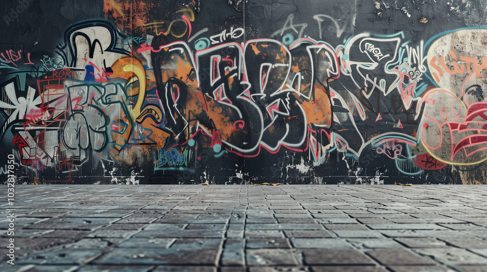 Fototapeta premium Urban graffiti wall with colorful street art, AI Generation