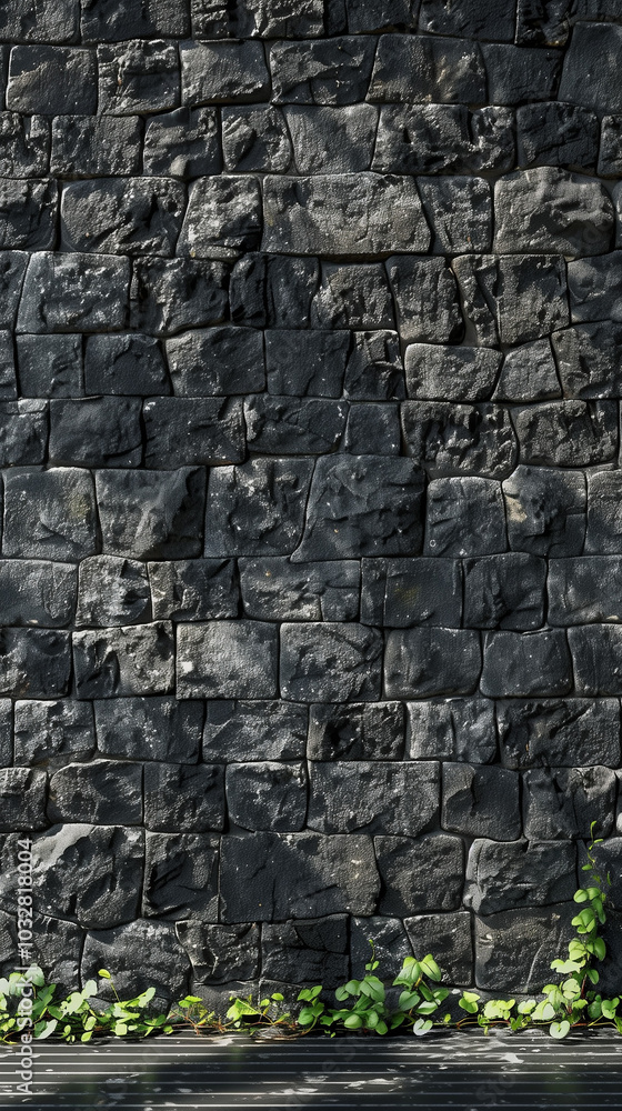 Dark stone wall with green vines growing in sunlight, background, AI Generation Dark stone wall with green vines growing in sunlight, background, AI Generation