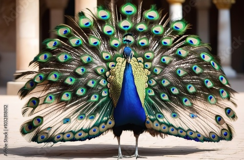 The peacock in the palace has spread its tail. The bird has beautiful plumage.