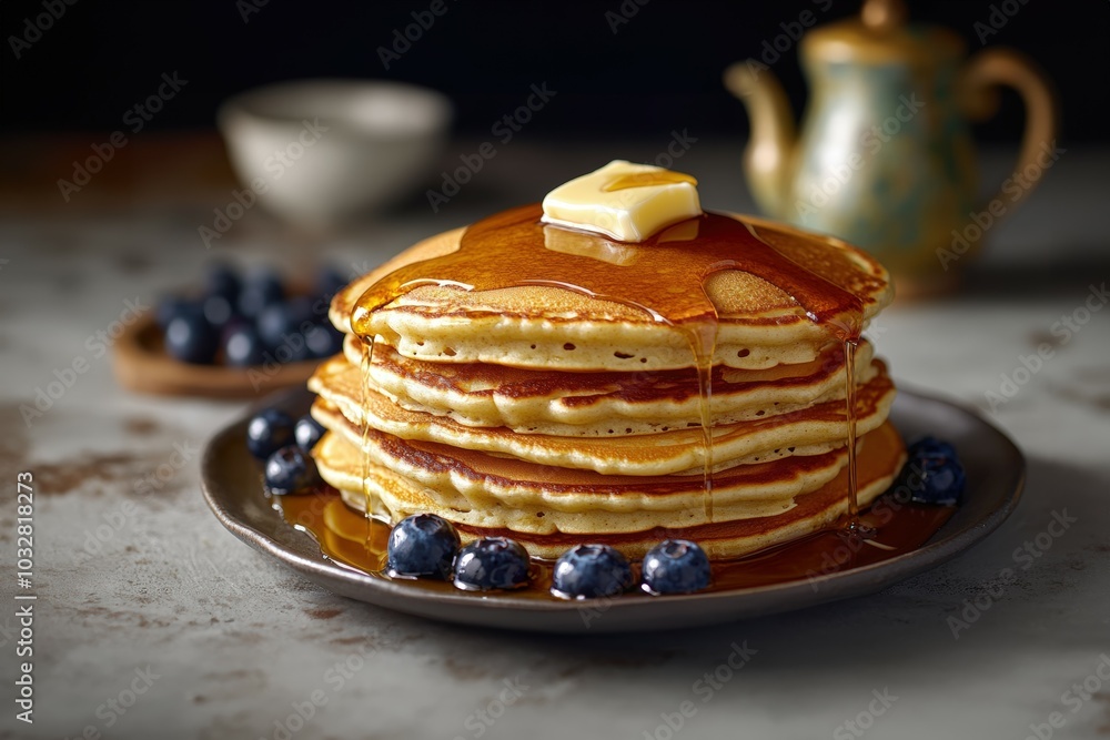Indulge in a stack of fluffy pancakes, drizzled with golden syrup and topped with a pat of butter. Sweet blueberries complete this delightful breakfast Indulge in a stack of fluffy pancakes, drizzled with golden syrup and topped with a pat of butter. Sweet blueberries complete this delightful breakfast