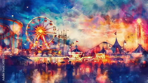 Dreamy Watercolor Carnival at Twilight with Ferris Wheel and Amusement Park Lights