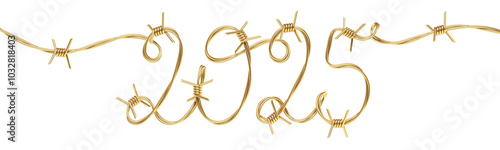 New Year 2025. The numbers are twisted from golden barbed wire imitating handwritten text. Transparent background. 3D rendering
