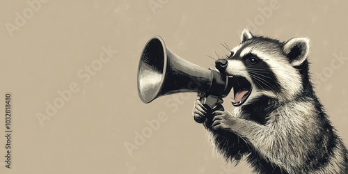 Raccoon Making a Statement: Cute Wild Animal Shouting into Megaphone on Taupe Background