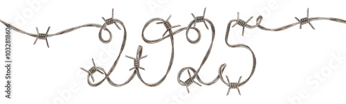 New Year 2025. Numbers twisted with barbed wire imitating handwritten text. Transparent background. 3D rendering