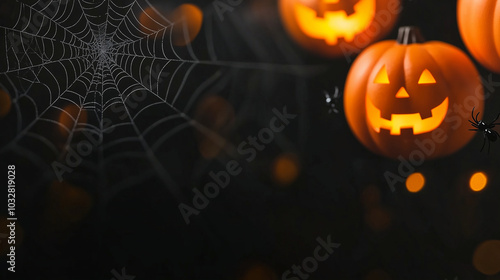 Halloween Themed Composition with Spiders and Webs on Black Background A creative Halloween layout featuring a detailed spider web with fake black spiders and jack-o'-lantern ornam photo