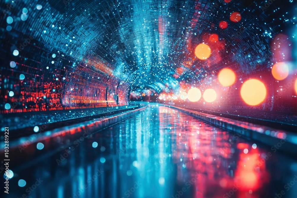 A Wet City Street Tunnel Lit by Blurry Bokeh Lights A Wet City Street Tunnel Lit by Blurry Bokeh Lights