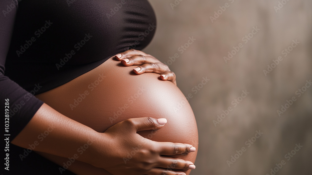 Pregnant woman holding her belly in a side profile studio shot Pregnant woman holding her belly in a side profile studio shot