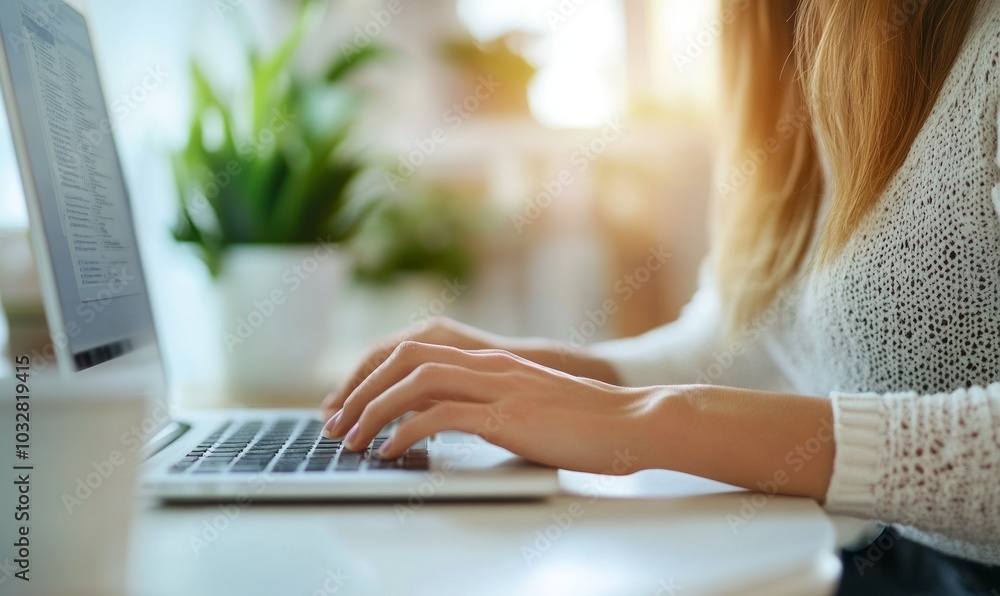 Fototapeta premium Woman hand typing, online work interface