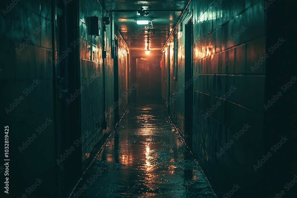 Dark and Wet Brick Hallway with a Glimmer of Light at the End