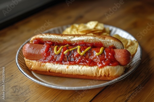 Juicy hot dog in a soft bun, smothered in ketchup and mustard, served with crispy potato chips. A classic! photo