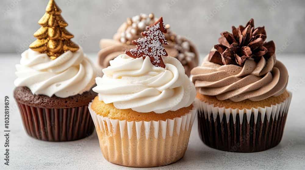 A delightful set of four cupcakes featuring white frosting topped with Christmas tree sprinkles in vibrant colors, perfect for festive celebrations and holiday gatherings A delightful set of four cupcakes featuring white frosting topped with Christmas tree sprinkles in vibrant colors, perfect for festive celebrations and holiday gatherings
