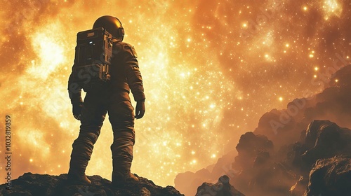 Space explorer standing on a distant planet looking up at a nebula-filled sky. 