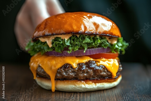 Mouthwatering cheeseburger, juicy patty, melted cheese, fresh lettuce, red onion, and a perfectly toasted bun. Pure deliciousness! photo