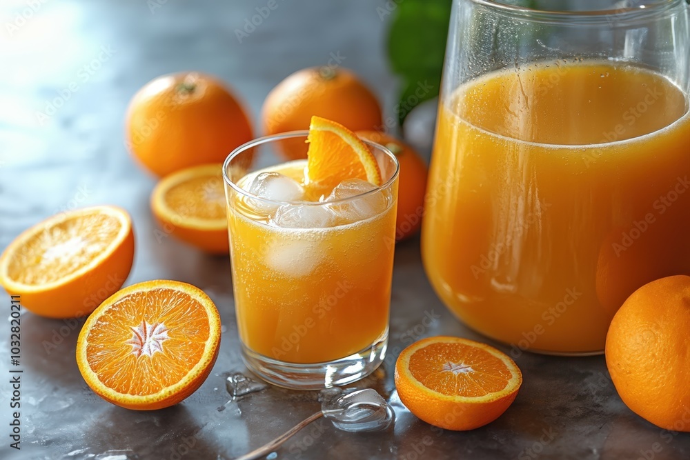 Refreshing Orange Juice: A glass of chilled orange juice with ice, garnished with an orange slice, next to a pitcher of more juice and fresh oranges. Perfect summer drink! Refreshing Orange Juice: A glass of chilled orange juice with ice, garnished with an orange slice, next to a pitcher of more juice and fresh oranges. Perfect summer drink!
