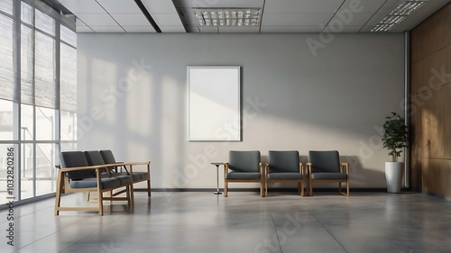 A mockup of an empty white poster on the wall in modern hospital waiting room with comfortable chairs and medical equipment	
