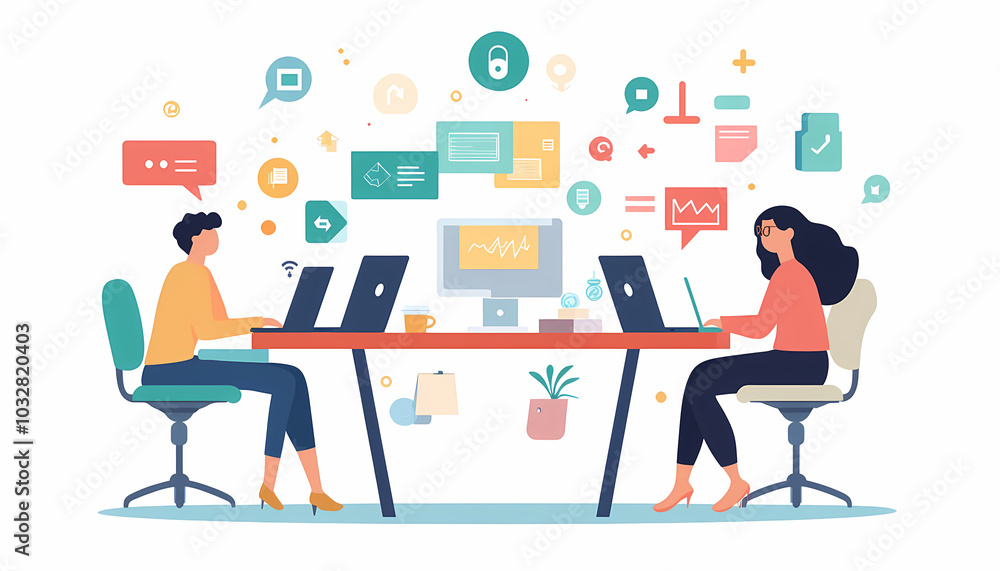 Flat illustrations of two people working together at their desks, with one person sitting on the left side and another woman seated to his right., Flat illustration style with simple shapes and lines Flat illustrations of two people working together at their desks, with one person sitting on the left side and another woman seated to his right., Flat illustration style with simple shapes and lines