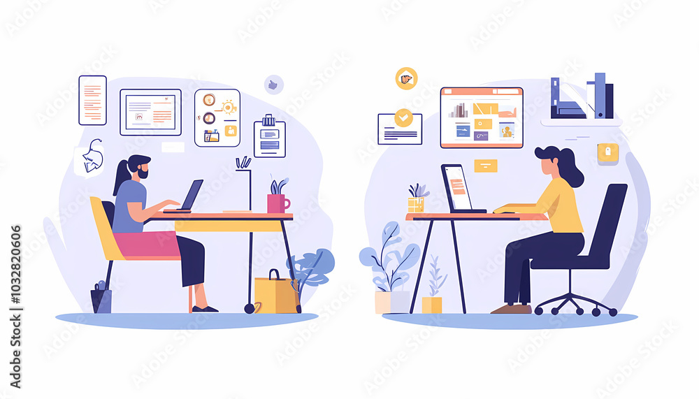 Obraz premium Flat illustrations of two people working together at their desks, with one person sitting on the left side and another woman seated to his right., Flat illustration style with simple shapes and lines