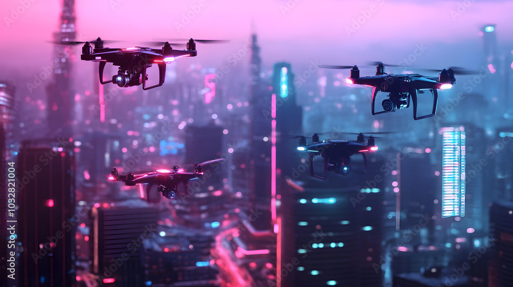 Futuristic Drones Flying Over Neon Cityscape at Night with Vibrant Lights and Skyscrapers Futuristic Drones Flying Over Neon Cityscape at Night with Vibrant Lights and Skyscrapers