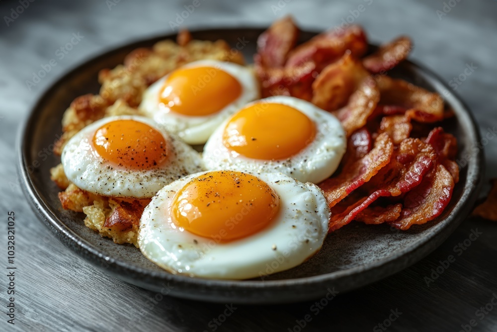 Scrumptious sunny-side-up eggs, crispy bacon, and golden potato hash browns, a delightful breakfast feast! Scrumptious sunny-side-up eggs, crispy bacon, and golden potato hash browns, a delightful breakfast feast!